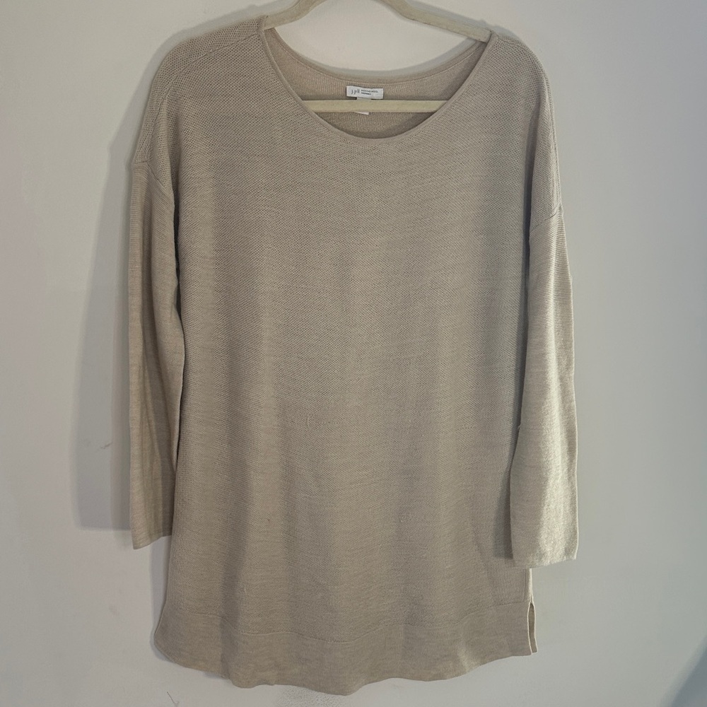 J.Jill Merino Wool Washable Sweater Beige Petite M Lightweight Knit Pullover